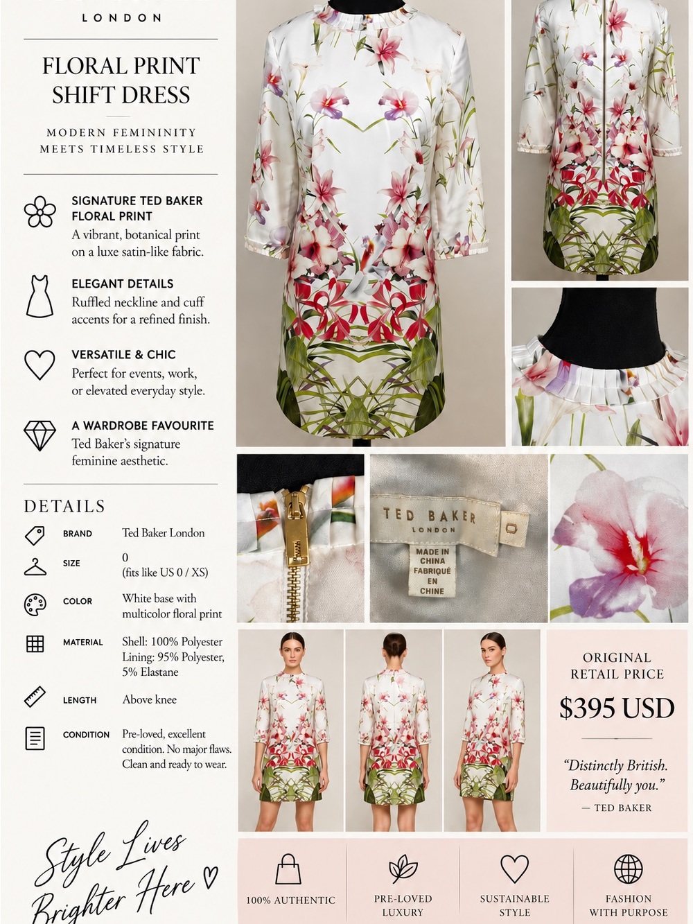 Ted Baker London Floral Tunic with Pink & Green Botanical Print (Retail $395USD)